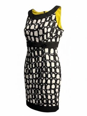 London Times Black & White Geometric Sheath Dress with Yellow Lining